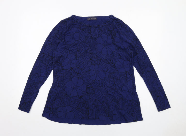 Marks and Spencer Womens Blue Boat Neck Floral Cotton Pullover Jumper Size 14