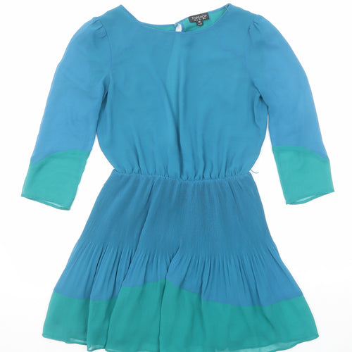 Topshop Womens Blue Geometric Polyester A-Line Size 8 Round Neck Button - Open Back