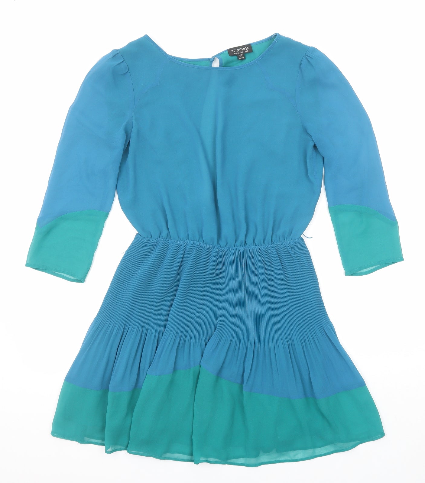 Topshop Womens Blue Geometric Polyester A-Line Size 8 Round Neck Button - Open Back