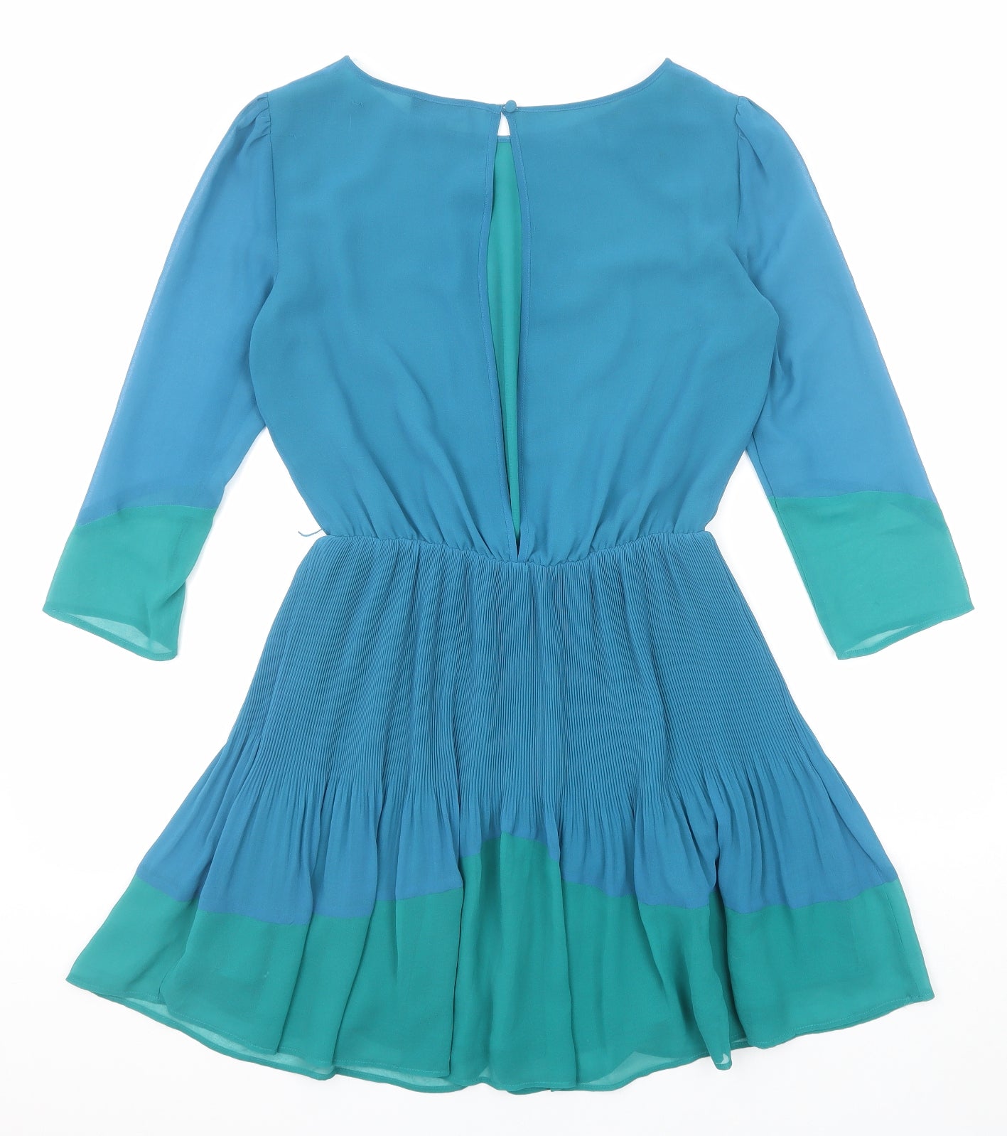 Topshop Womens Blue Geometric Polyester A-Line Size 8 Round Neck Button - Open Back
