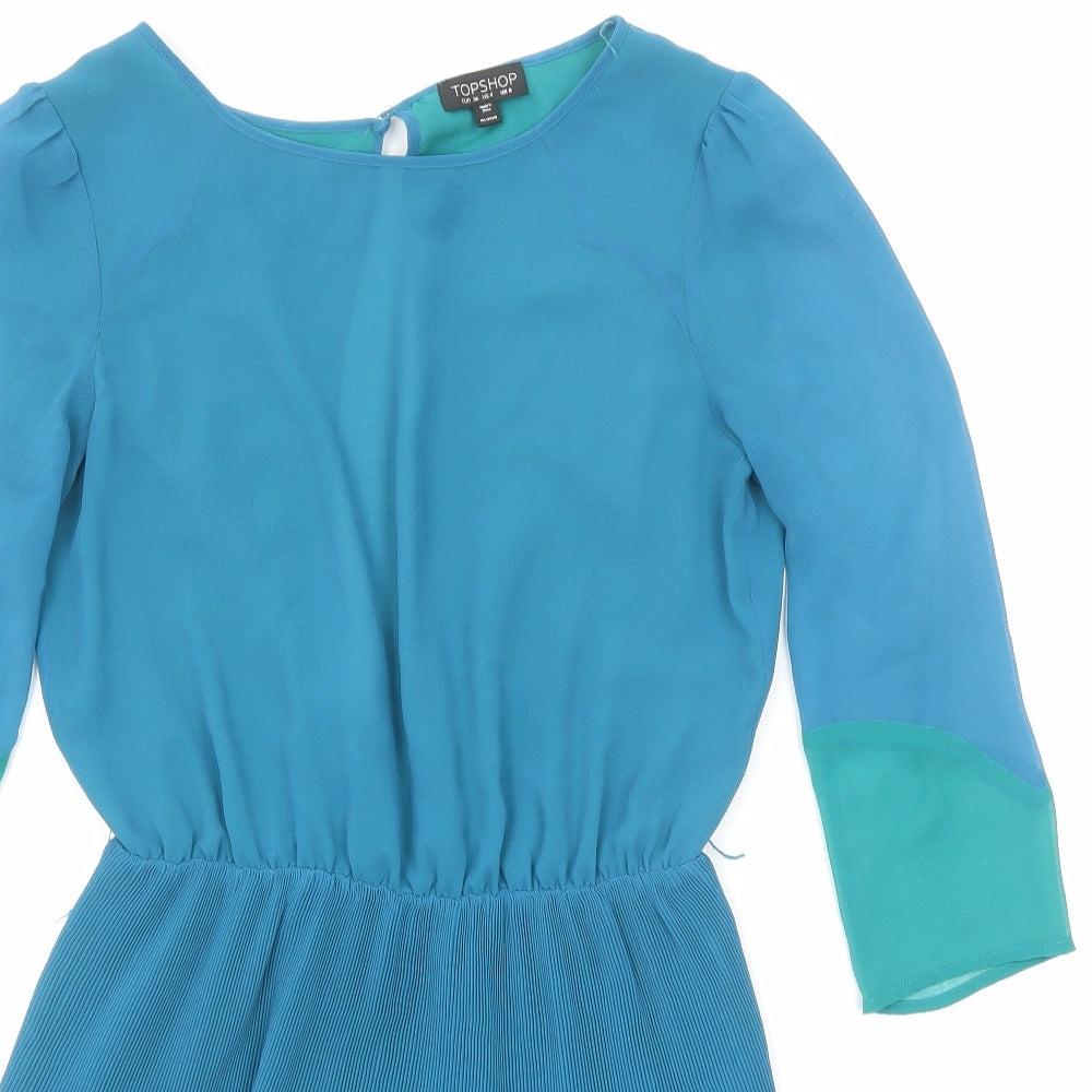 Topshop Womens Blue Geometric Polyester A-Line Size 8 Round Neck Button - Open Back