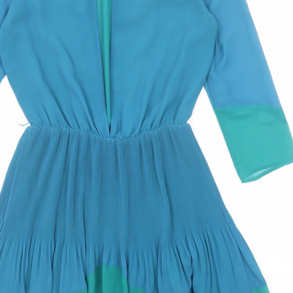 Topshop Womens Blue Geometric Polyester A-Line Size 8 Round Neck Button - Open Back