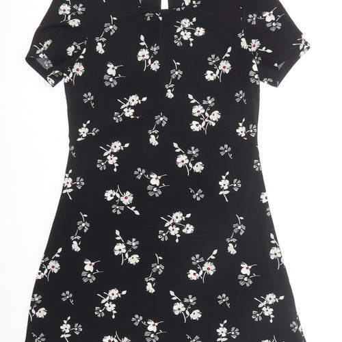 NEXT Womens Black Floral Polyester A-Line Size 10 Round Neck Button