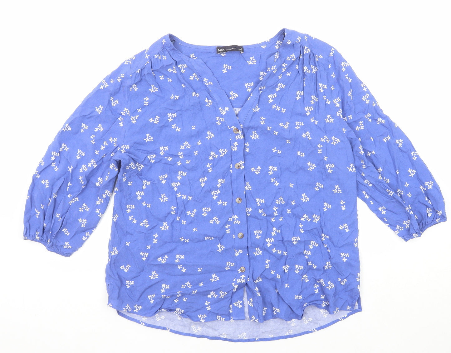 Marks and Spencer Womens Blue Geometric Viscose Basic Button-Up Size 12 V-Neck