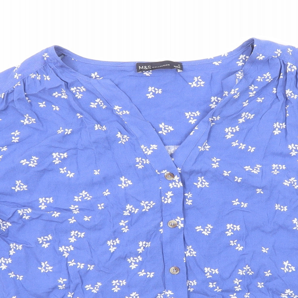 Marks and Spencer Womens Blue Geometric Viscose Basic Button-Up Size 12 V-Neck