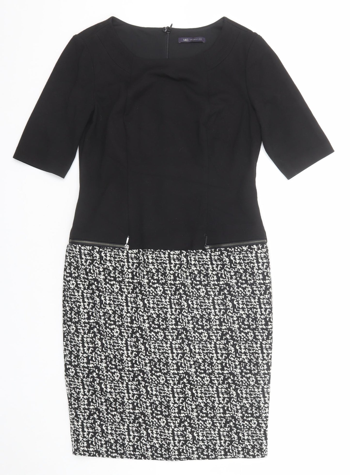 Marks and Spencer Womens Black Geometric Polyester Shift Size 12 Round Neck Zip