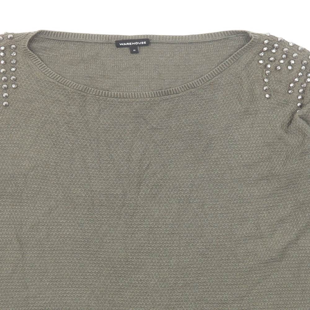 Warehouse Womens Green Boat Neck Cotton Pullover Jumper Size M