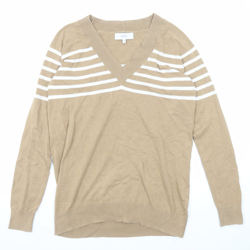 NEXT Womens Beige V-Neck Striped Cotton Pullover Jumper Size 12