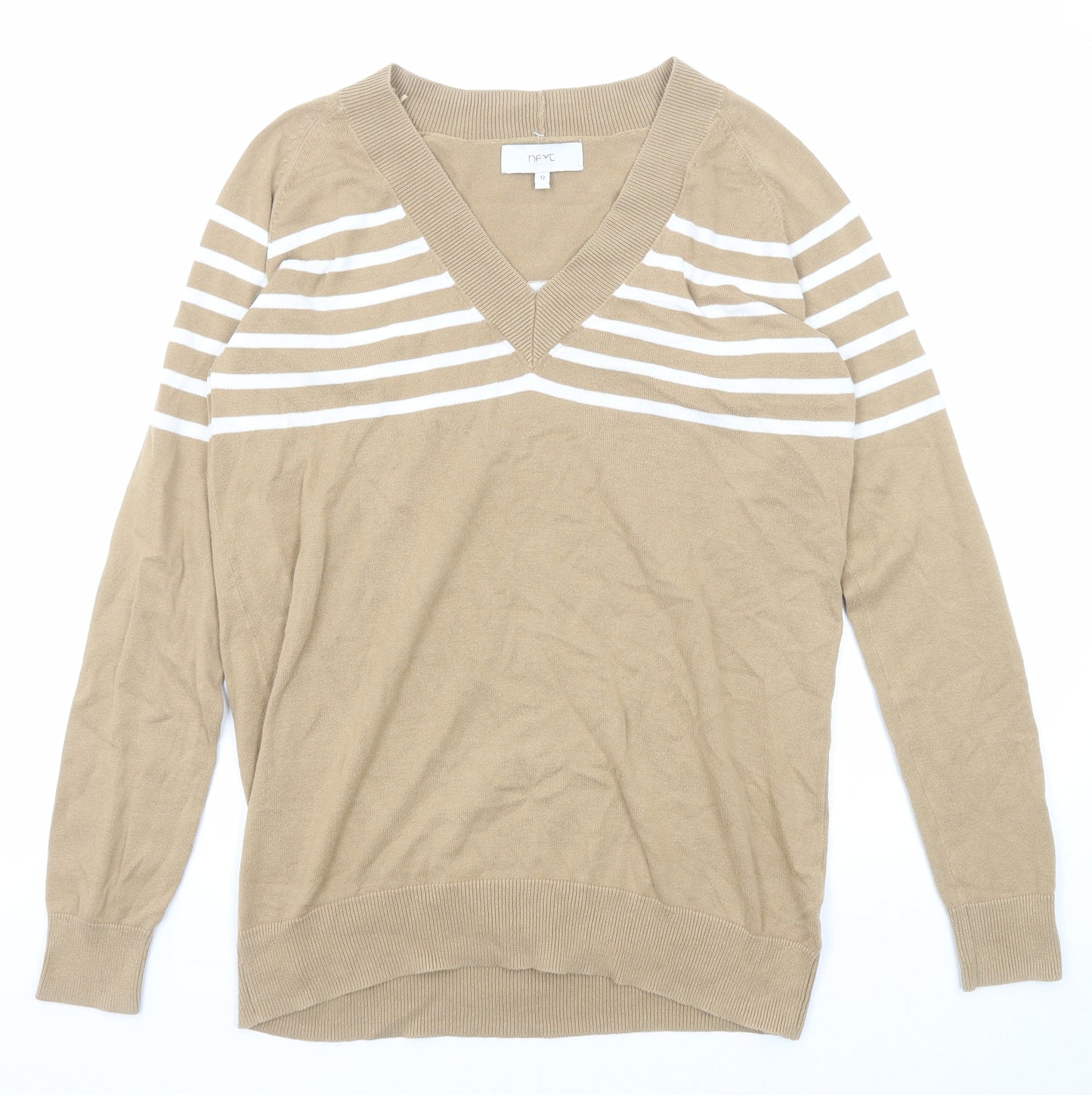 NEXT Womens Beige V-Neck Striped Cotton Pullover Jumper Size 12