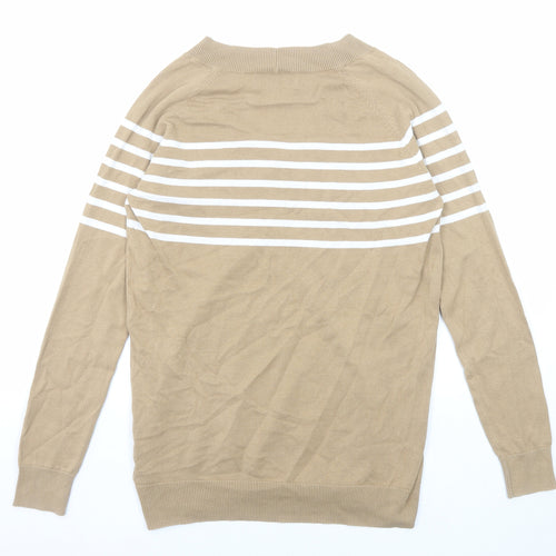 NEXT Womens Beige V-Neck Striped Cotton Pullover Jumper Size 12