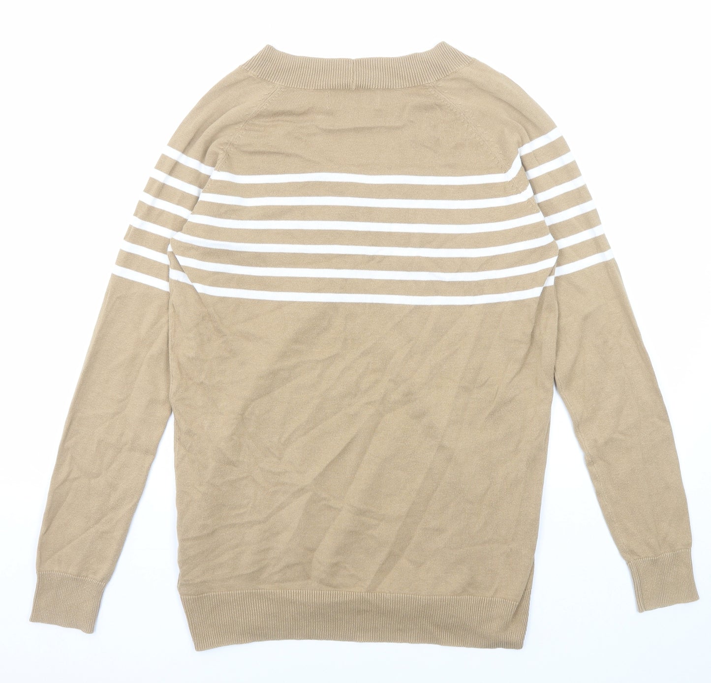 NEXT Womens Beige V-Neck Striped Cotton Pullover Jumper Size 12