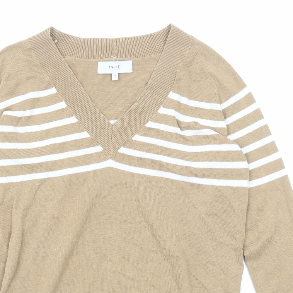 NEXT Womens Beige V-Neck Striped Cotton Pullover Jumper Size 12