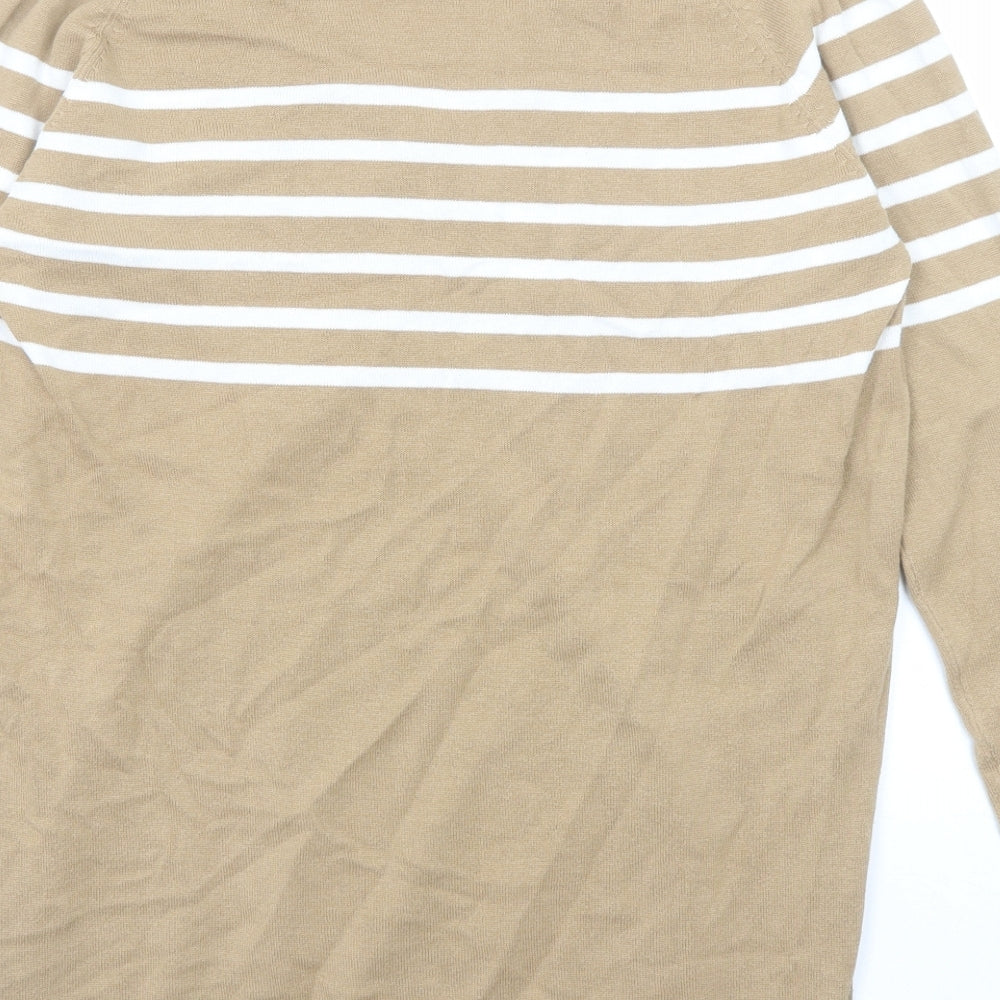 NEXT Womens Beige V-Neck Striped Cotton Pullover Jumper Size 12