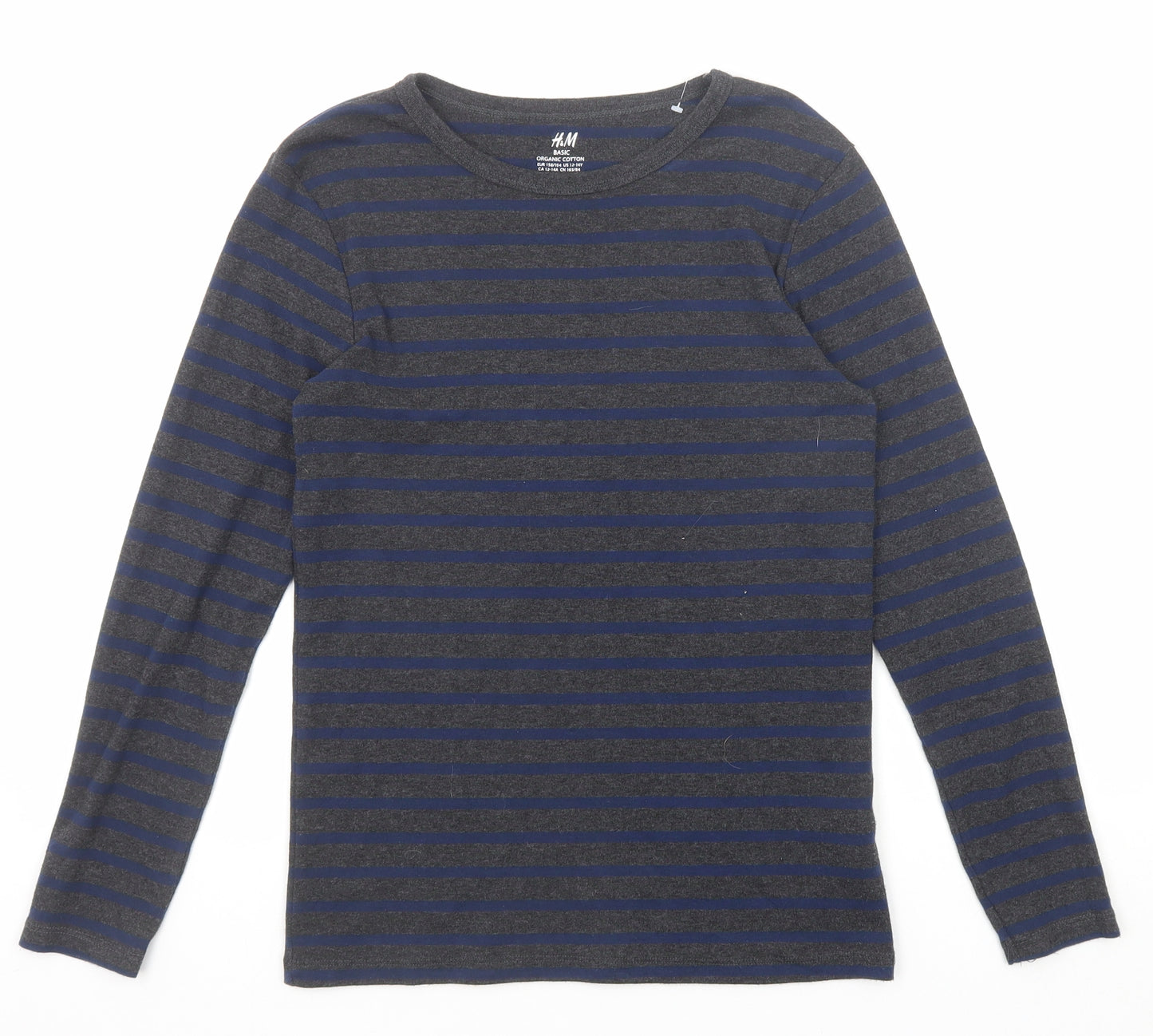 H&M Boys Grey Striped Cotton Pullover T-Shirt Size 13-14 Years Round Neck Pullover