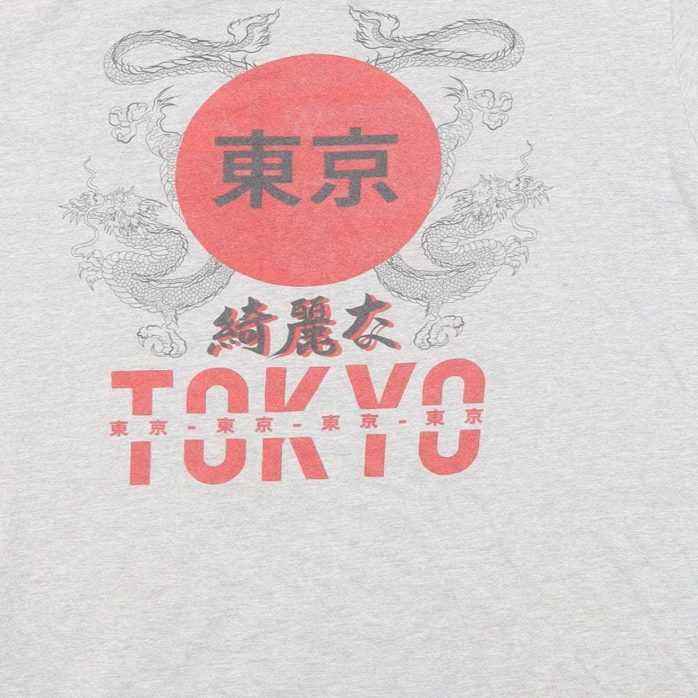 Boohoo Mens Grey Cotton T-Shirt Size L Round Neck - Tokyo
