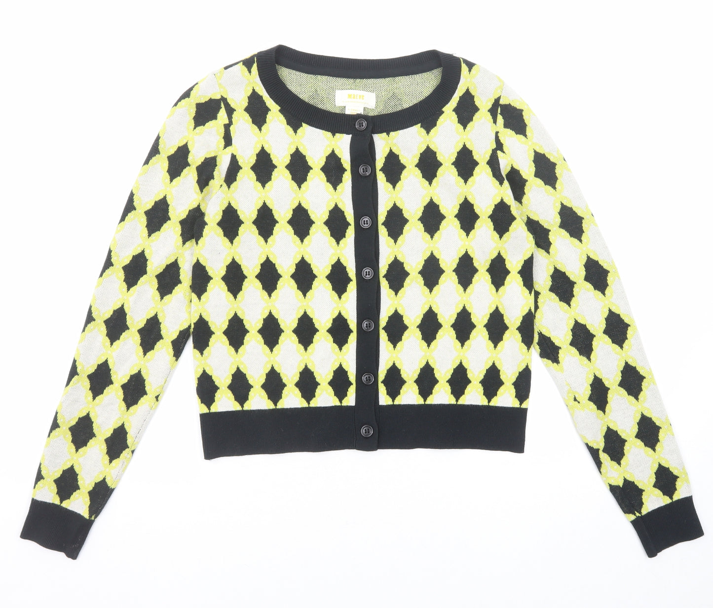 Maeve Womens Yellow Round Neck Geometric Cotton Cardigan Jumper Size XS