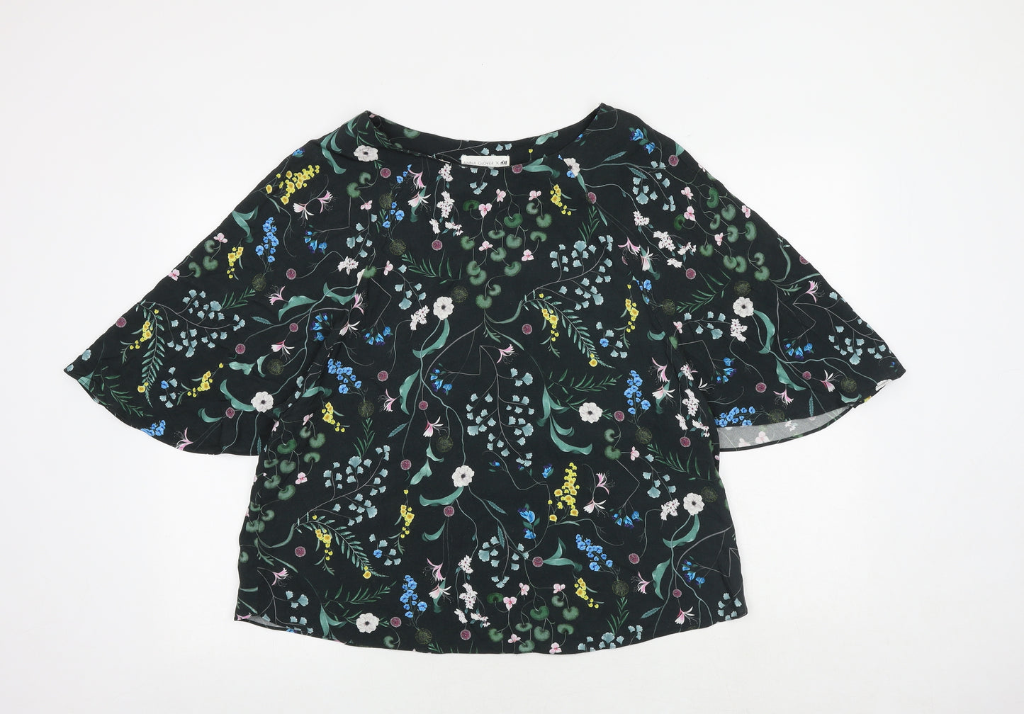 H&M Womens Black Floral Viscose Basic Blouse Size 12 Boat Neck - Butterfly Sleeves
