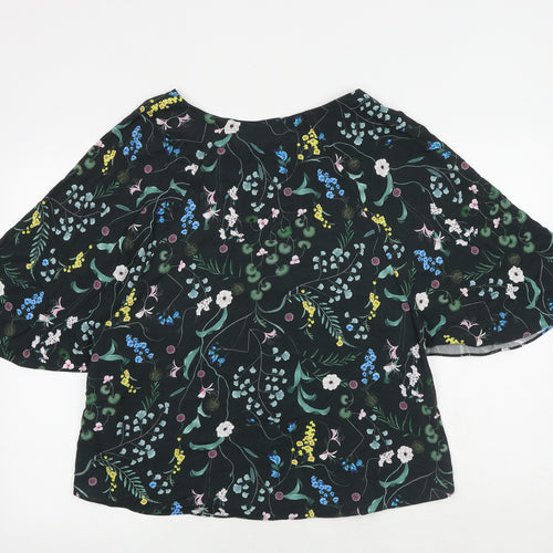H&M Womens Black Floral Viscose Basic Blouse Size 12 Boat Neck - Butterfly Sleeves