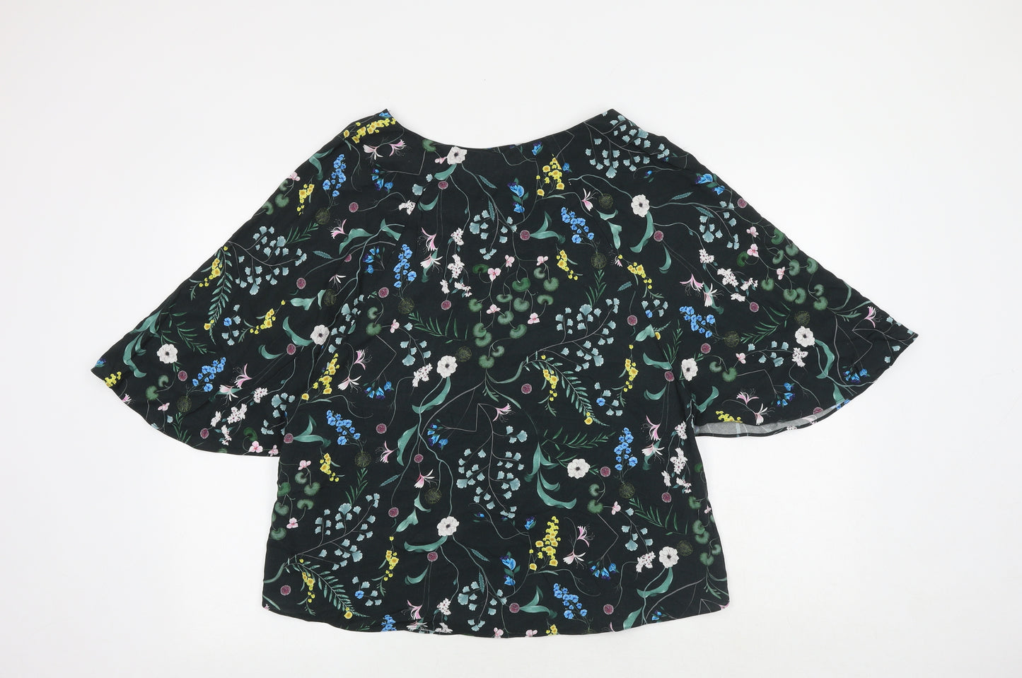 H&M Womens Black Floral Viscose Basic Blouse Size 12 Boat Neck - Butterfly Sleeves