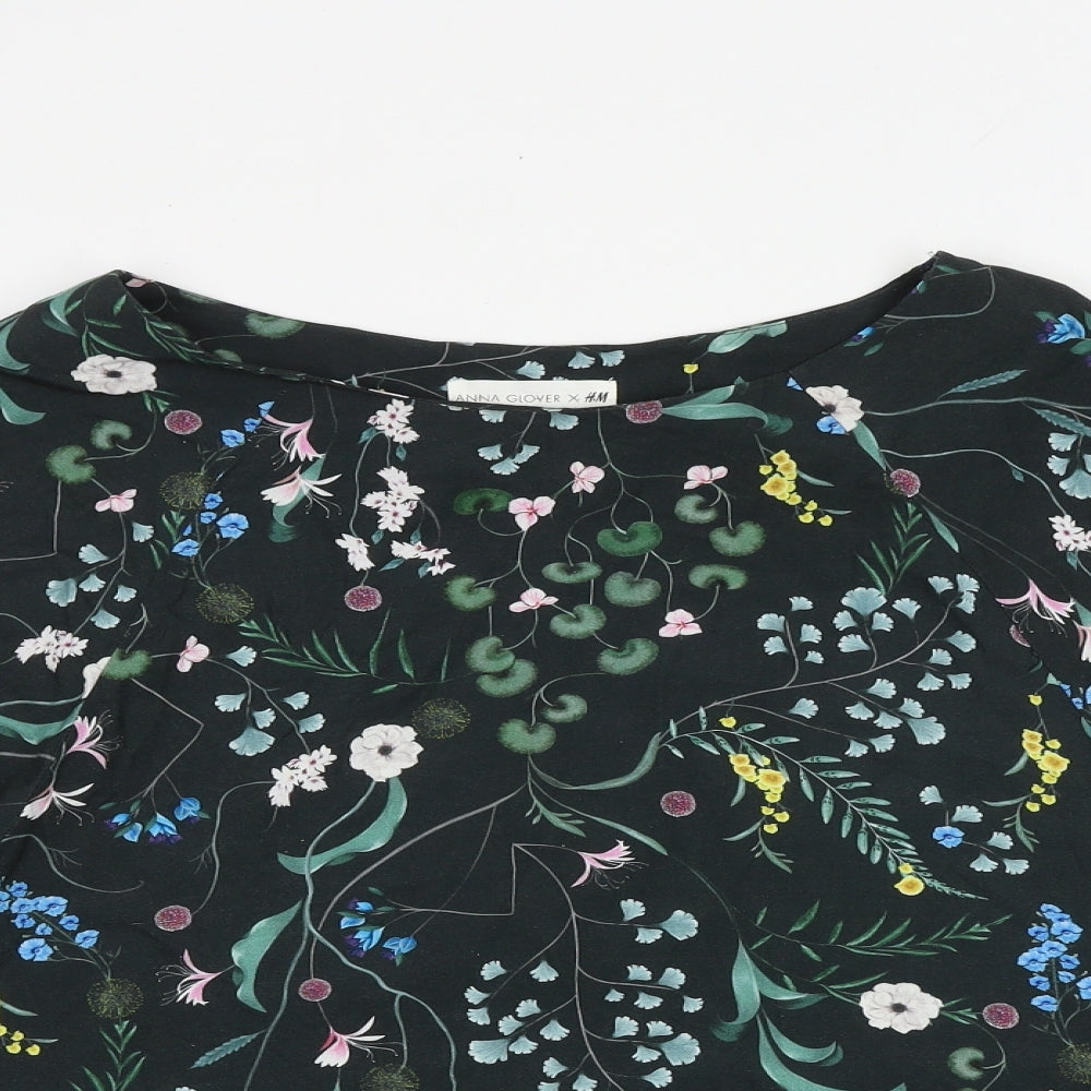 H&M Womens Black Floral Viscose Basic Blouse Size 12 Boat Neck - Butterfly Sleeves