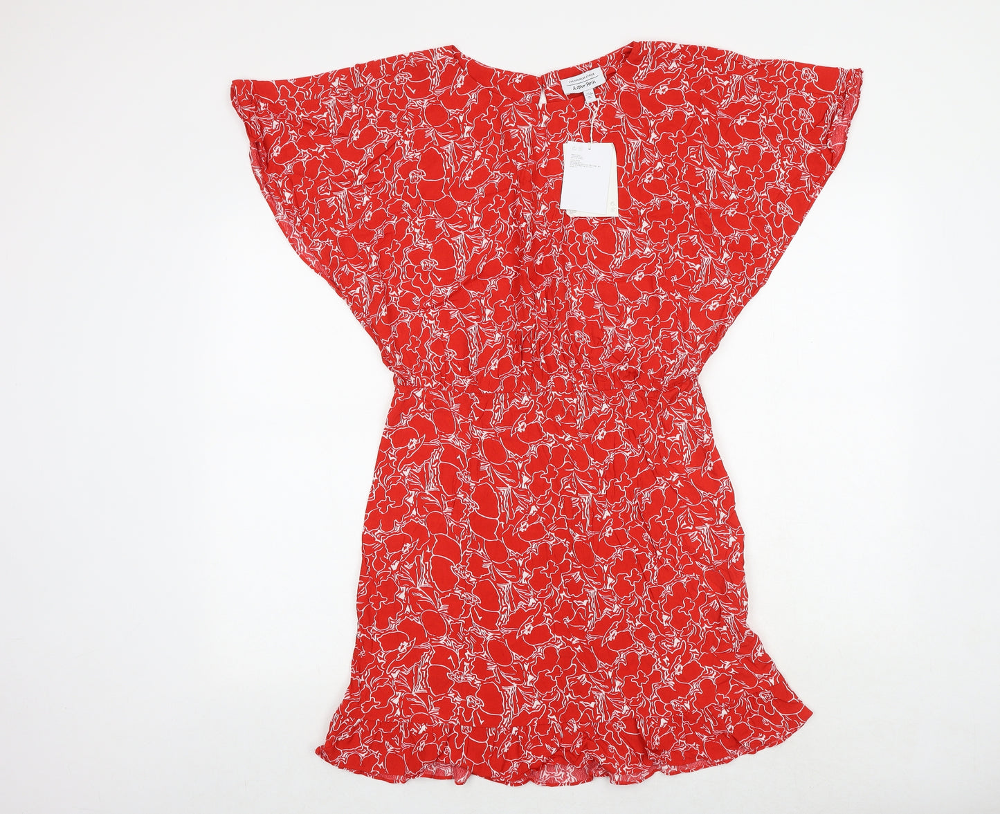& Other Stories Womens Red Geometric Viscose A-Line Size 14 Boat Neck Zip - Angel Sleeve