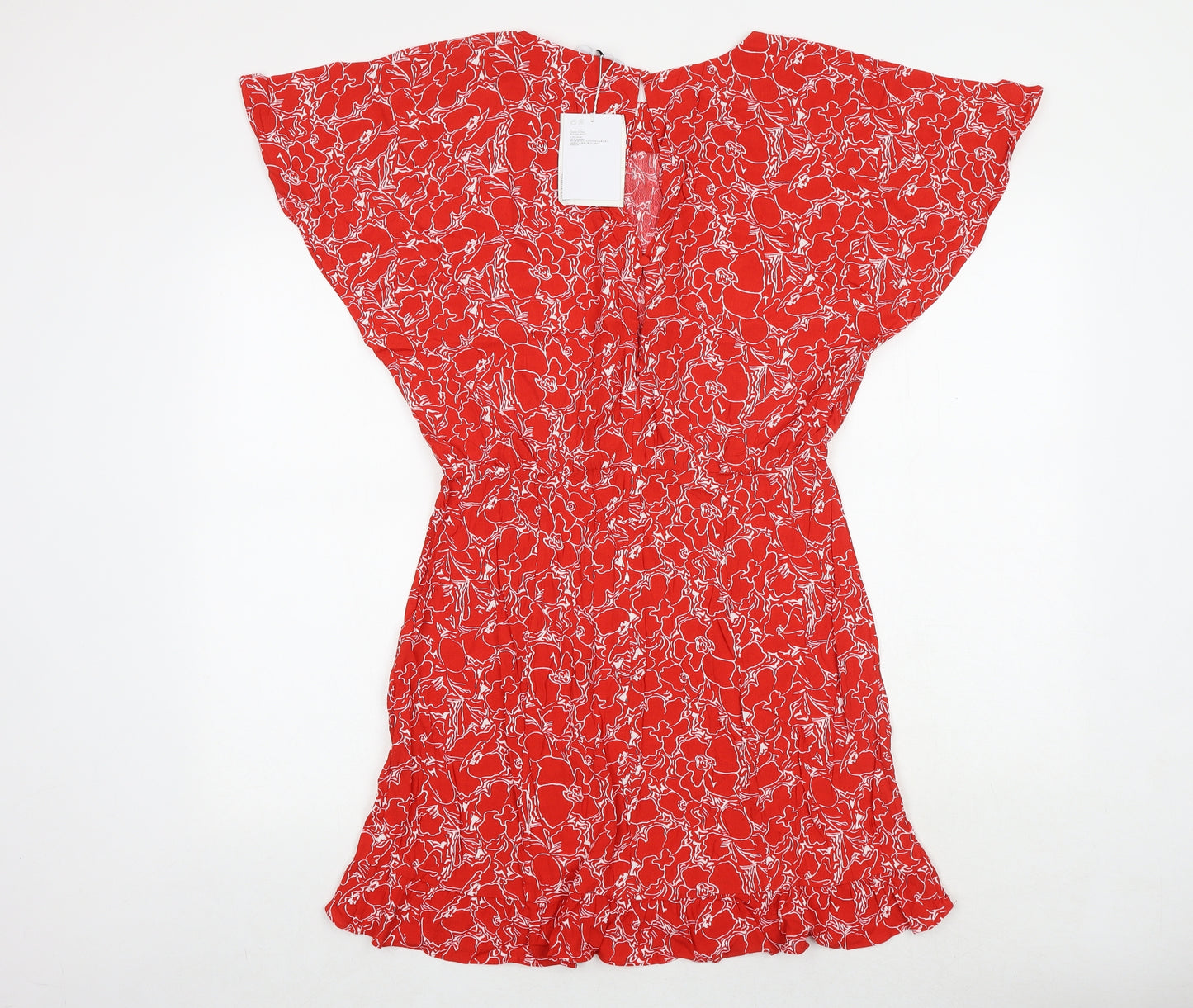 & Other Stories Womens Red Geometric Viscose A-Line Size 14 Boat Neck Zip - Angel Sleeve