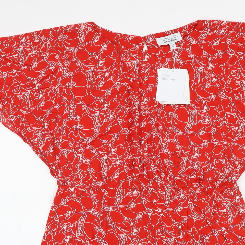 & Other Stories Womens Red Geometric Viscose A-Line Size 14 Boat Neck Zip - Angel Sleeve