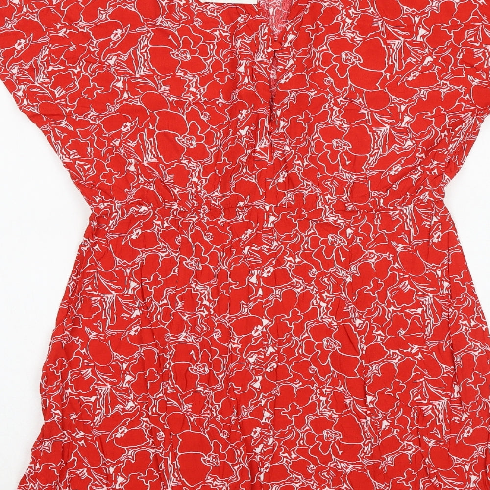 & Other Stories Womens Red Geometric Viscose A-Line Size 14 Boat Neck Zip - Angel Sleeve