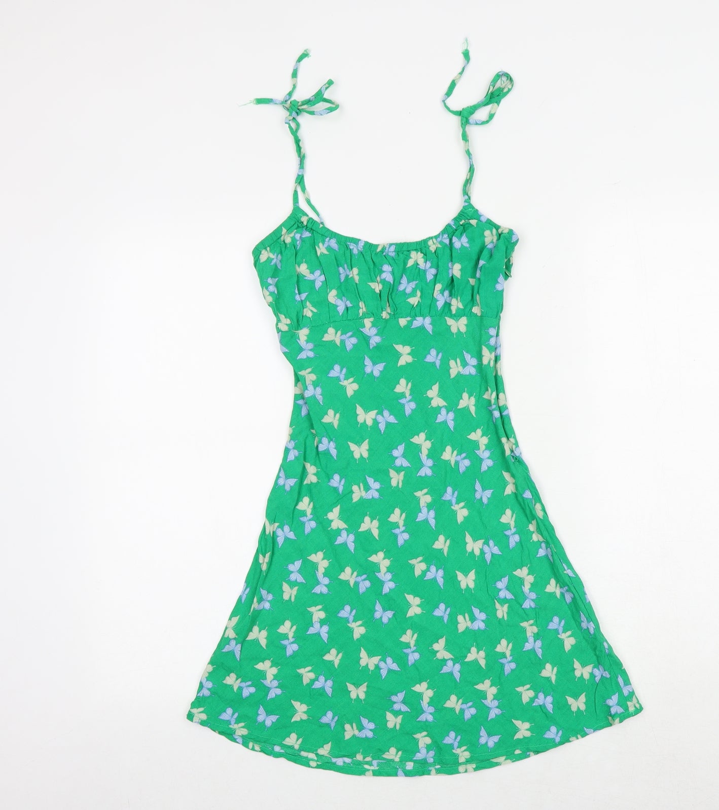 H&M Womens Green Geometric Viscose Mini Size XS Scoop Neck Tie - Tie Shoulder Detail Butterfly Print