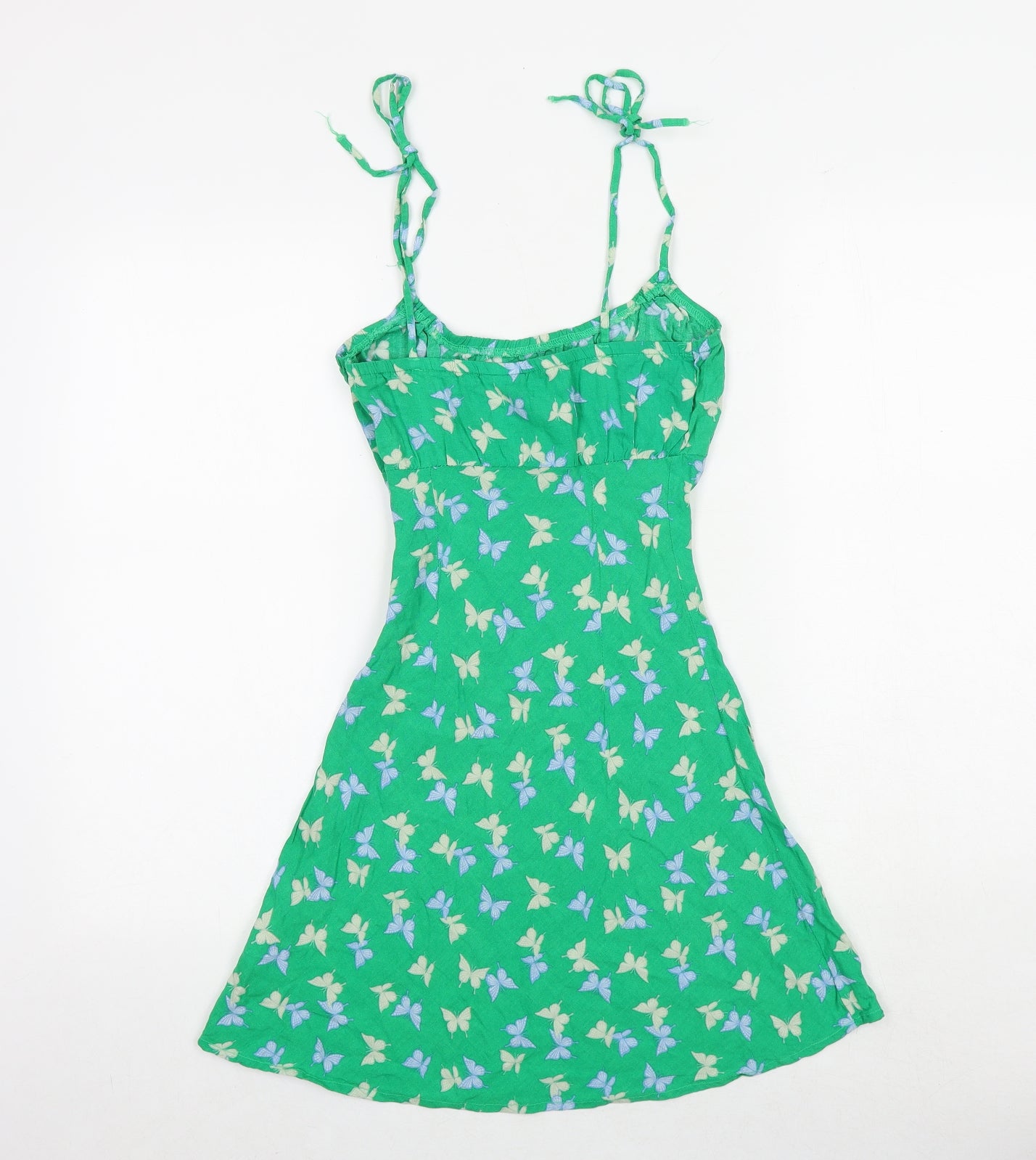 H&M Womens Green Geometric Viscose Mini Size XS Scoop Neck Tie - Tie Shoulder Detail Butterfly Print
