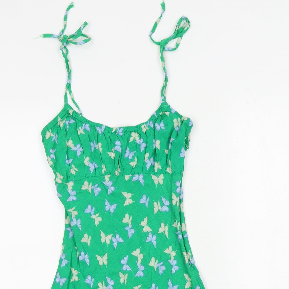 H&M Womens Green Geometric Viscose Mini Size XS Scoop Neck Tie - Tie Shoulder Detail Butterfly Print