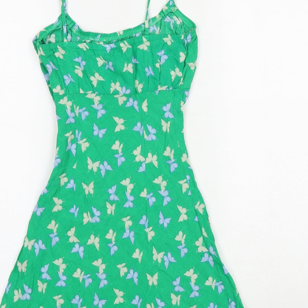 H&M Womens Green Geometric Viscose Mini Size XS Scoop Neck Tie - Tie Shoulder Detail Butterfly Print