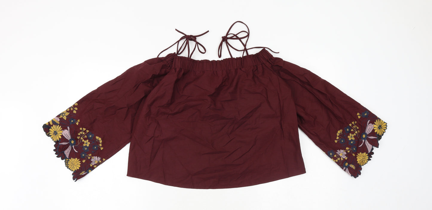 Topshop Womens Red 100% Cotton Cropped Blouse Size 6 Boat Neck