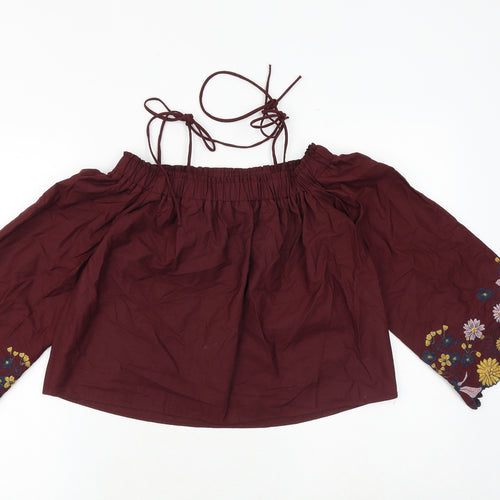 Topshop Womens Red 100% Cotton Cropped Blouse Size 6 Boat Neck