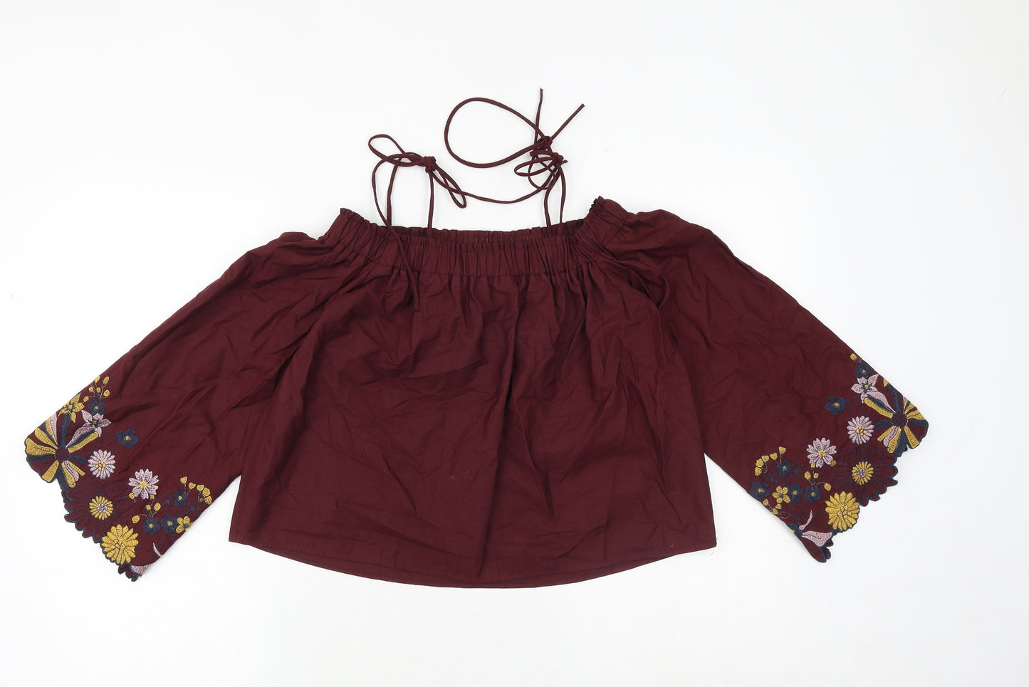 Topshop Womens Red 100% Cotton Cropped Blouse Size 6 Boat Neck