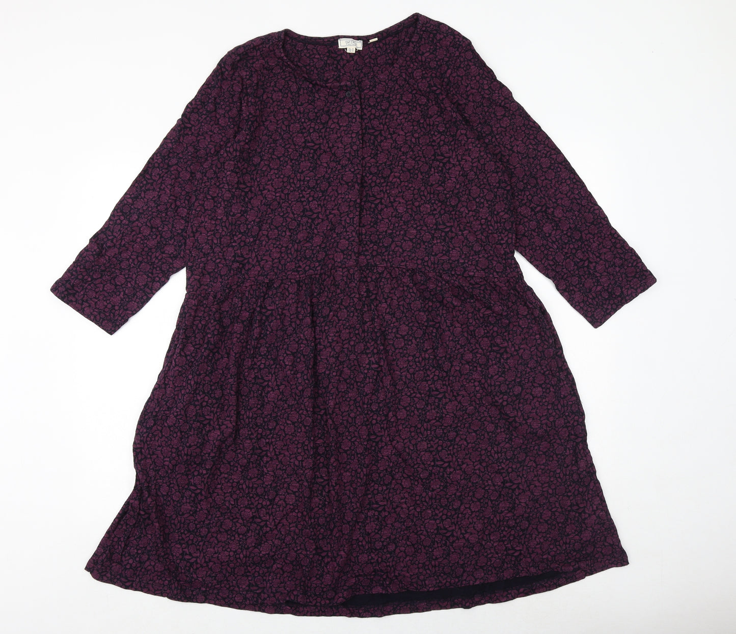 Fat Face Womens Purple Floral Cotton Skater Dress Size 16 Round Neck Button