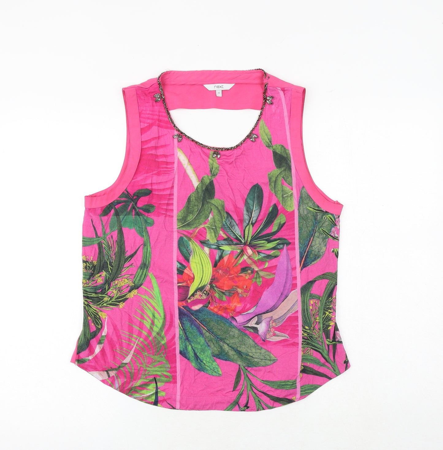 NEXT Womens Pink Geometric Viscose Basic Tank Size 14 Scoop Neck - Leaf Print