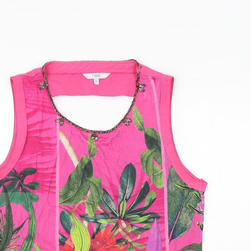 NEXT Womens Pink Geometric Viscose Basic Tank Size 14 Scoop Neck - Leaf Print
