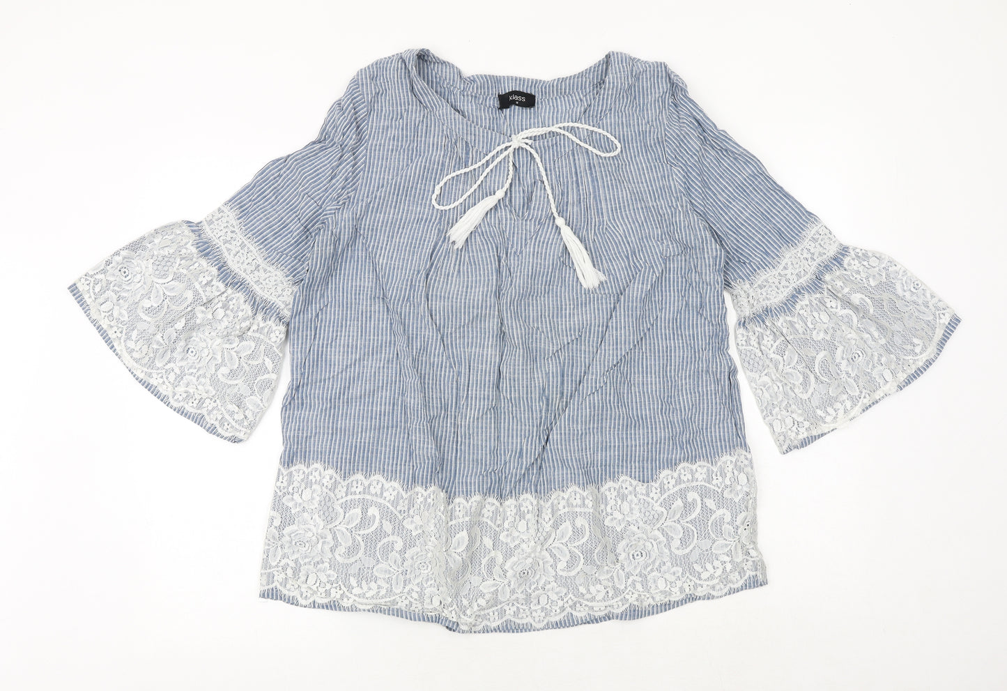Klass Womens Blue Striped 100% Cotton Basic Blouse Size 16 Round Neck - Lace Detail