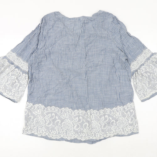 Klass Womens Blue Striped 100% Cotton Basic Blouse Size 16 Round Neck - Lace Detail