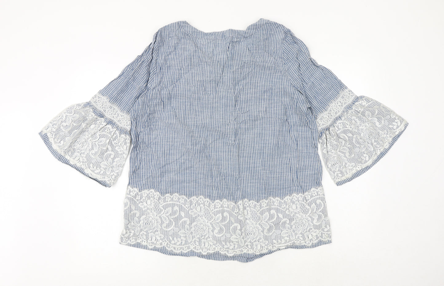 Klass Womens Blue Striped 100% Cotton Basic Blouse Size 16 Round Neck - Lace Detail