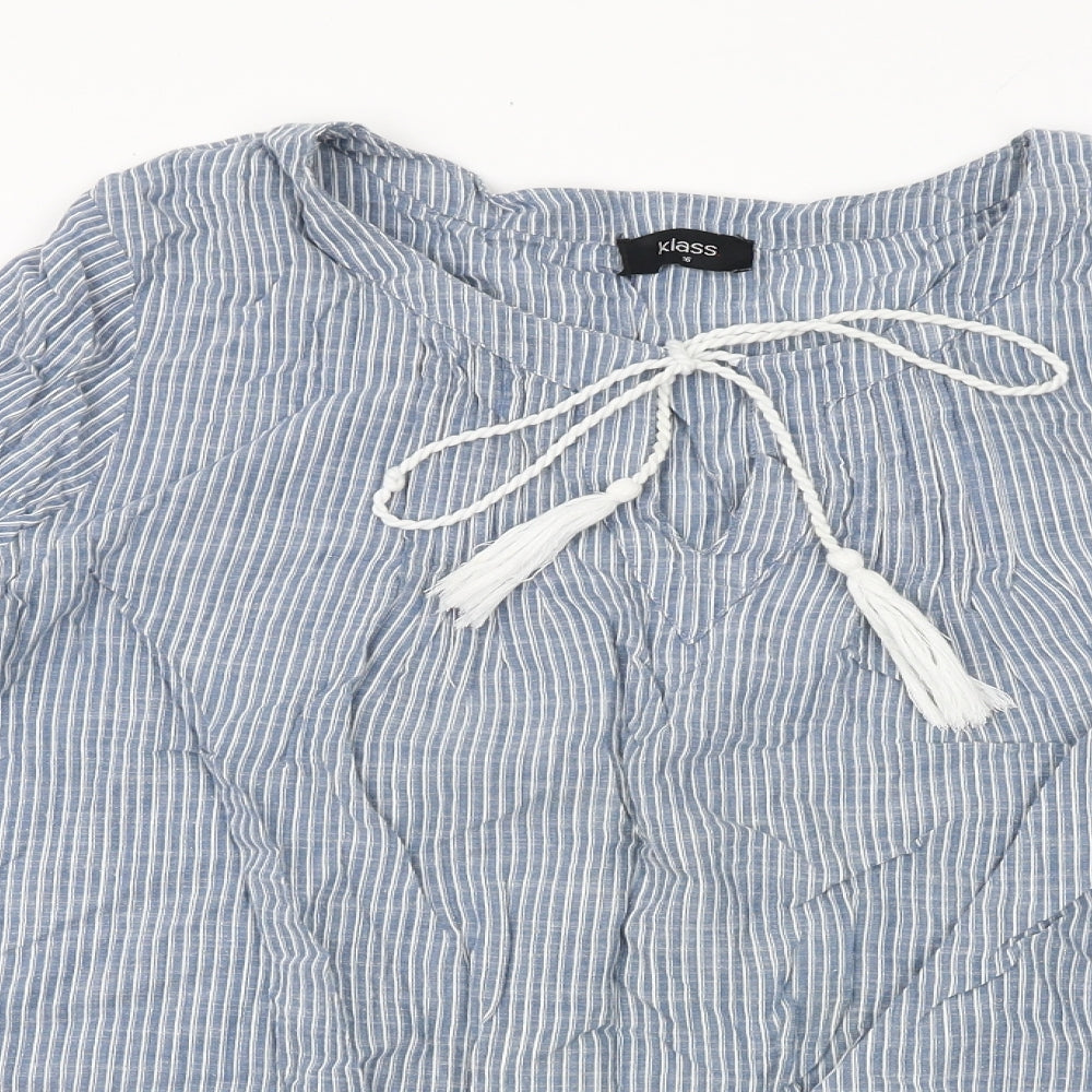 Klass Womens Blue Striped 100% Cotton Basic Blouse Size 16 Round Neck - Lace Detail