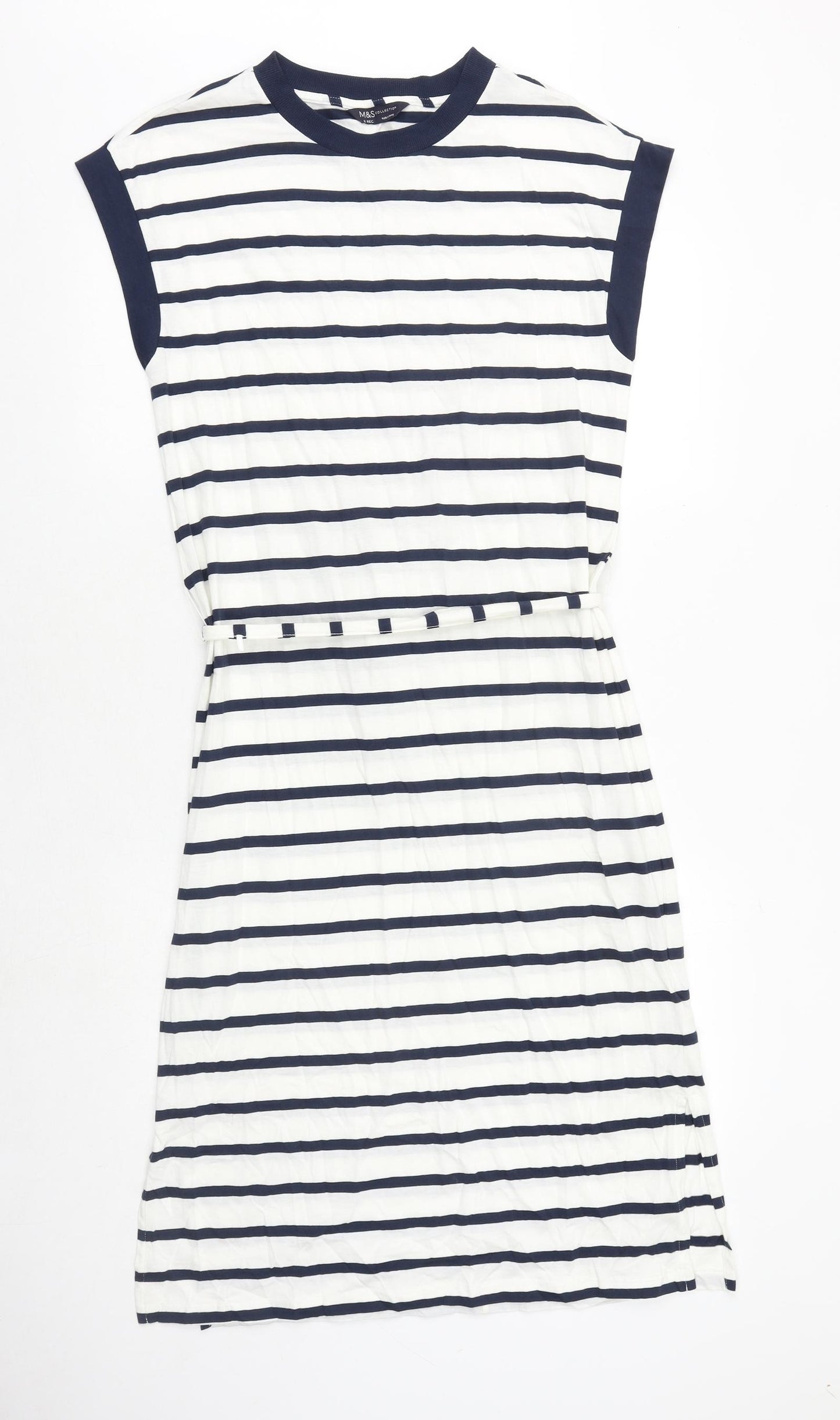 Marks and Spencer Womens White Striped 100% Cotton T-Shirt Dress Size 8 Round Neck Tie