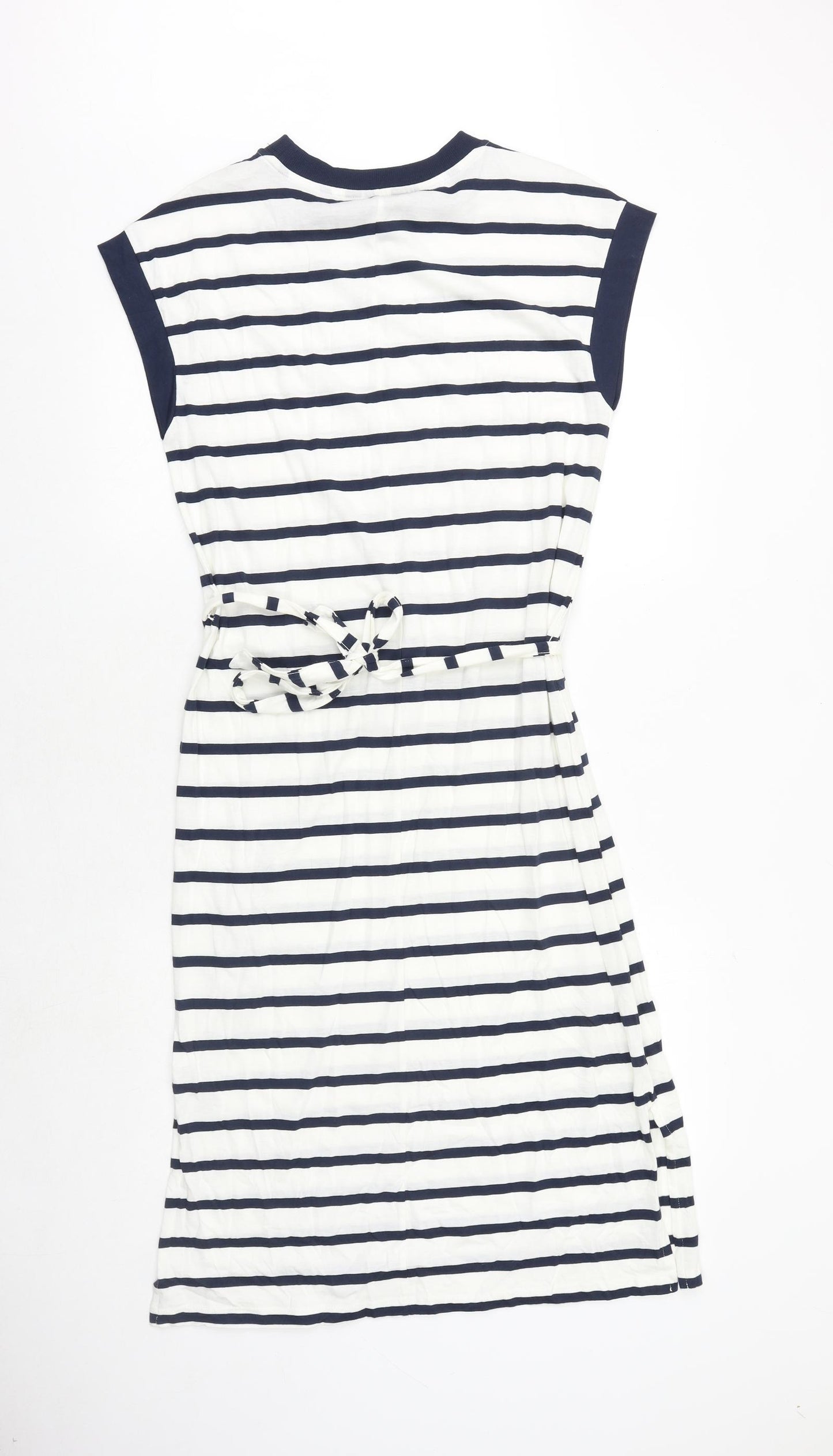Marks and Spencer Womens White Striped 100% Cotton T-Shirt Dress Size 8 Round Neck Tie