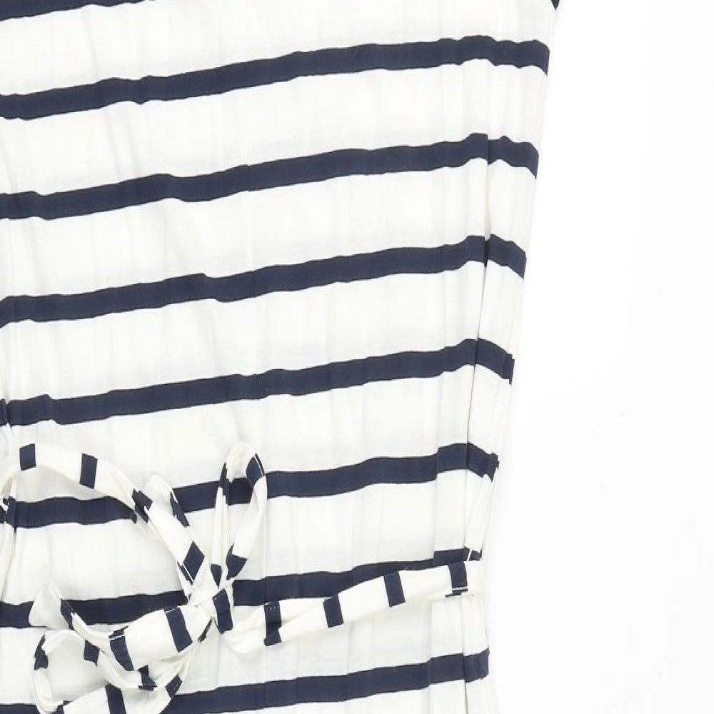 Marks and Spencer Womens White Striped 100% Cotton T-Shirt Dress Size 8 Round Neck Tie
