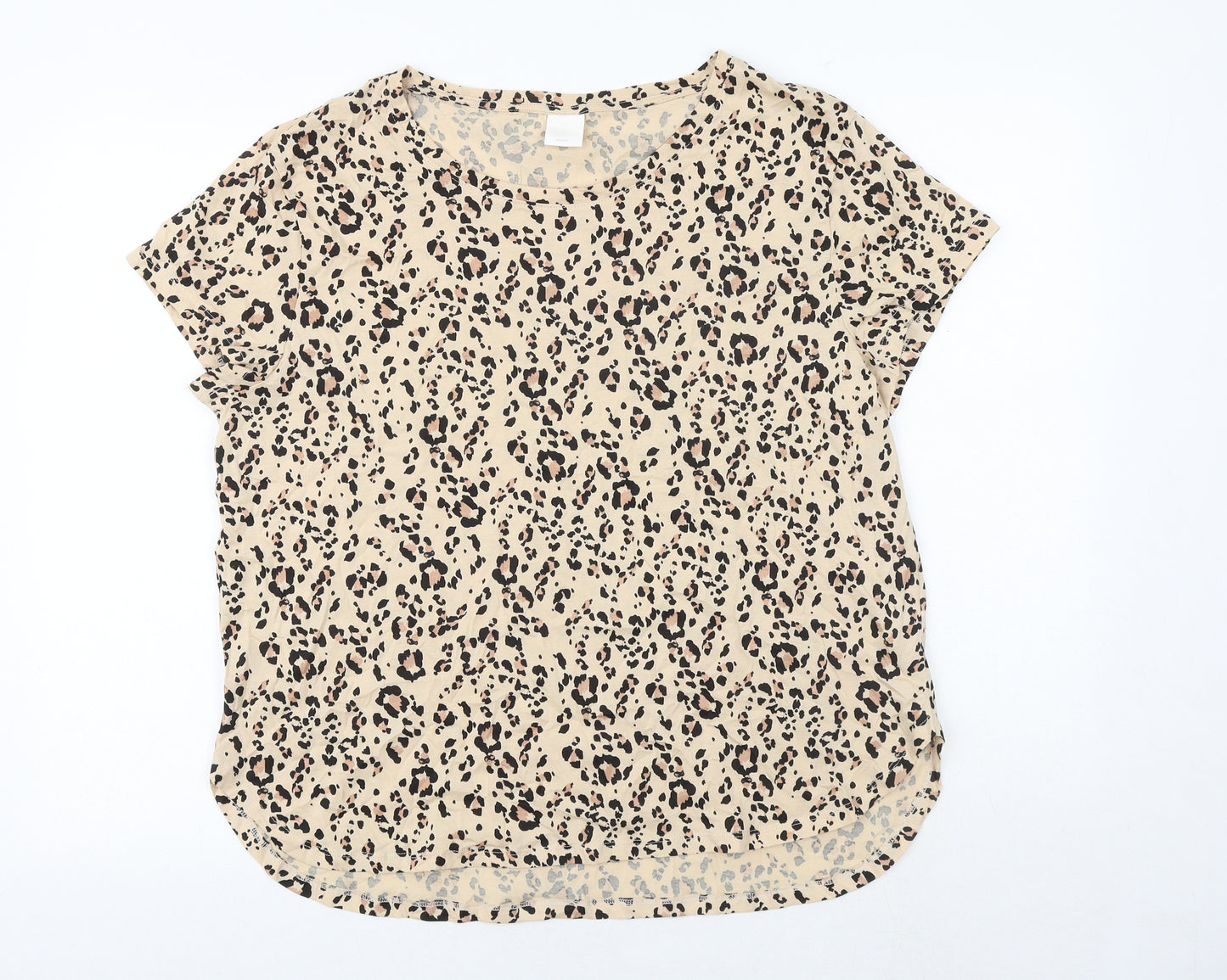 H&M Womens Brown Animal Print 100% Cotton Basic T-Shirt Size L Round Neck - Leopard Pattern