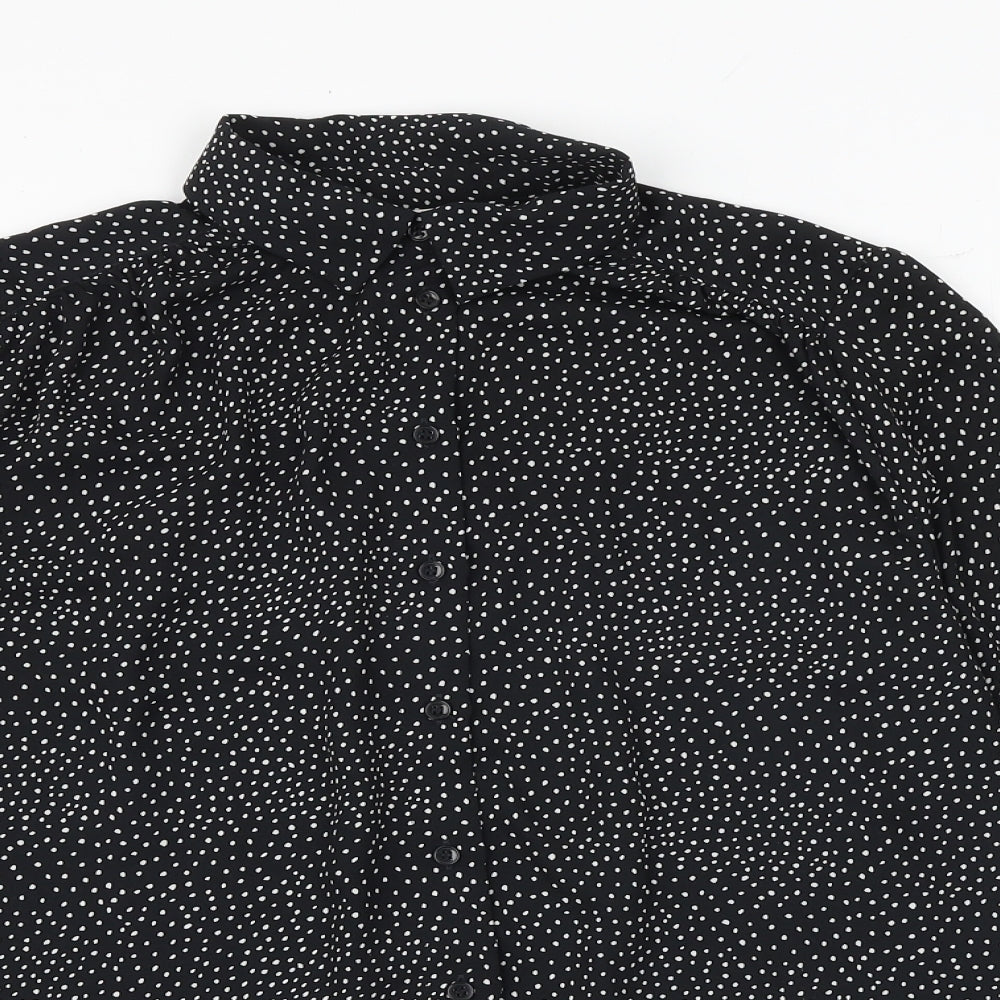 H&M Womens Black Geometric Polyester Basic Button-Up Size 8 Collared