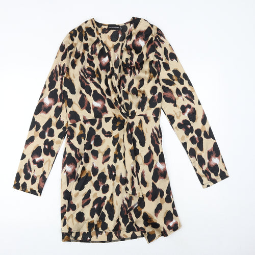 PRETTYLITTLETHING Womens Brown Animal Print Polyester A-Line Size 8 V-Neck Zip - Leopard Pattern