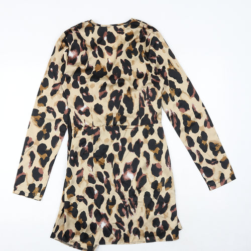 PRETTYLITTLETHING Womens Brown Animal Print Polyester A-Line Size 8 V-Neck Zip - Leopard Pattern