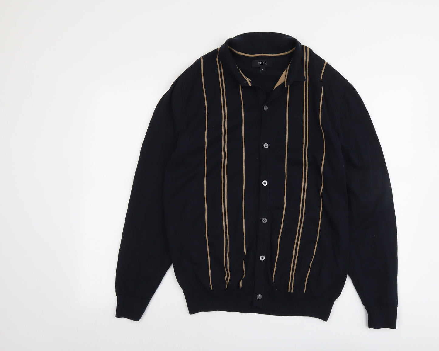 NEXT Mens Blue Collared Striped Cotton Cardigan Jumper Size L Long Sleeve